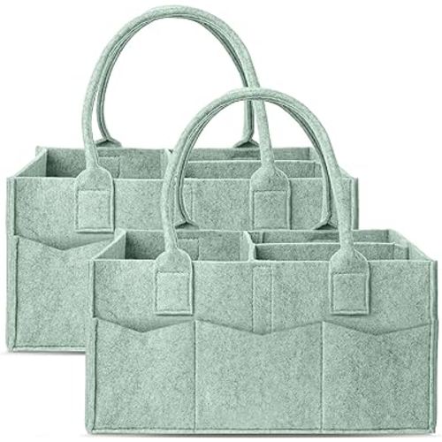 Cute Castle 2 Pack Diaper Caddy Organizer - Portable Baby Caddy Organizer with Handle, Nursery Storage Bin and Car Organizer for Girls, Boys - Baby Gift Basket - Green