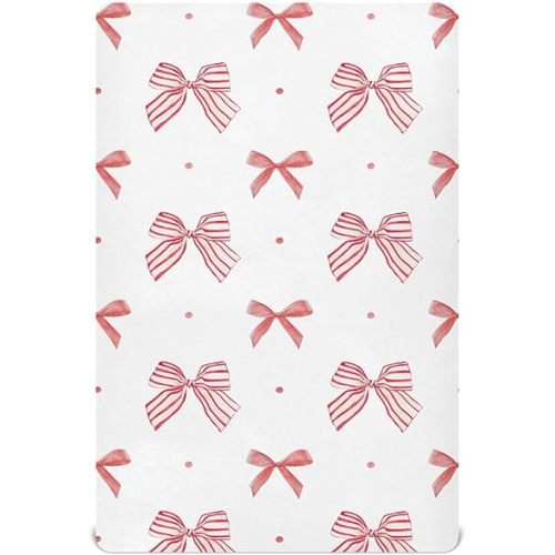 Fitted Crib Sheets Red Stripe Coquette Bow Dots Stretchy Portable Playard Sheets for Baby Toddler, Breathable Soft Mini Crib Mattress 39 x 27 in for Boys and Girls