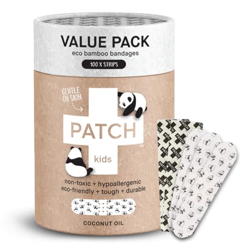 PATCH 100 Pieces, Coconut Oil, Value Pack, Kids Panda Eco-Friendly Bamboo Adhesive Bandages for Scratches & Grazes, Hypoallergenic Wound Care for Sensitive Skin, Biodegradable, Latex & Plastic Free