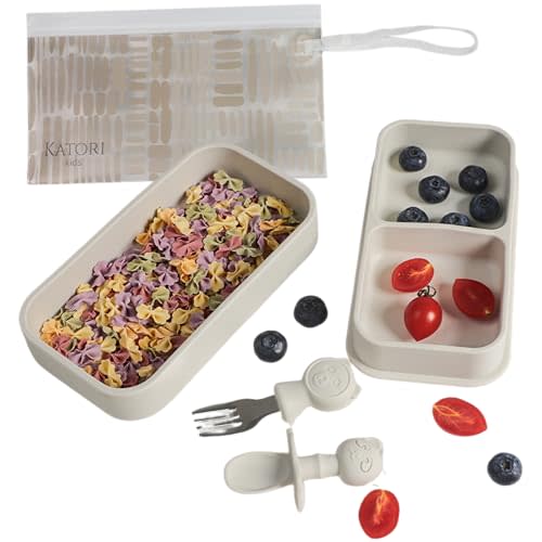 KATORI KIDS Suction Plate for Baby To Go | 5pc Travel Silicone Baby Plate Feeding Set with Travel Bag | Toddler Plate | Baby Travel Essential | Baby Bowl | Platos para Bebes (Boho Creme)