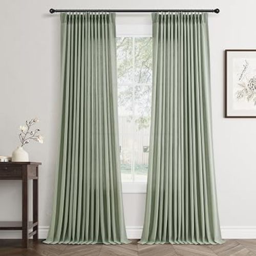 Jowels Sage Green Pleated Linen Curtains 108 Inches Long for Living Room