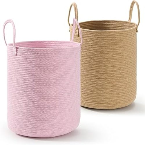 2-Pack Large Cotton Rope Laundry Baskets – 15"x18" Extra Tall Baby Nursery Hampers for Dirty Clothes, Blankets, Toys & Storage, Large Boo Baskets for Halloween