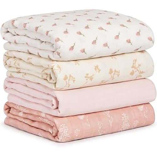 Muslin Swaddle Blankets for Newborn, 4 Pack Cotton Baby Blankets for Girls, Large 31.5 x 43.3 Breathable Soft Receiving Blanket, Essentials Swaddle Wrap Burping Clothes, Flowers