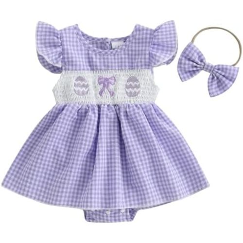 Easter Outfit Baby Girl Romper Dress My First Easter Fly Sleeve Smocked Dress Newborn Cute Baby Summer Clothes