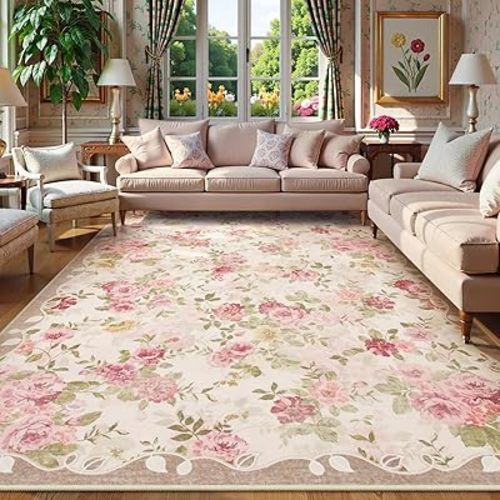 Lahome Vintage Floral 8x10 Area Rugs,Soft Living Room Rugs Boho Large Area Rug Machine Washable, Low Pile Pink Rugs for Bedroom Girls Carpet for Nursery Rug Playroom Dining Room(8'X10',Beige)