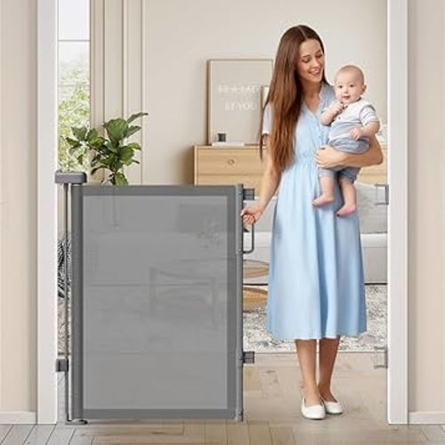Retractable Baby Gate for Stairs, 55" Wide Mesh Dog Gate Indoor, 34" Tall Child Gate for Doorways, Hallways, Deck, Indoor Outdoor Pet Baby Safety Essentials for Home, Grey