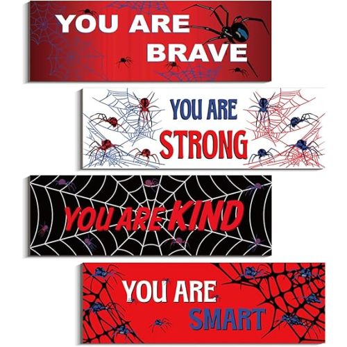 Moodaily 4 Pcs Spider Bedroom Wall Decor Boys Room Decor for Kids Inspirational Wooden Hanging Wall Sign Motivational Quote Car Wall Decor for Playroom Kindergarten (11.8 x 3.9 Inch)