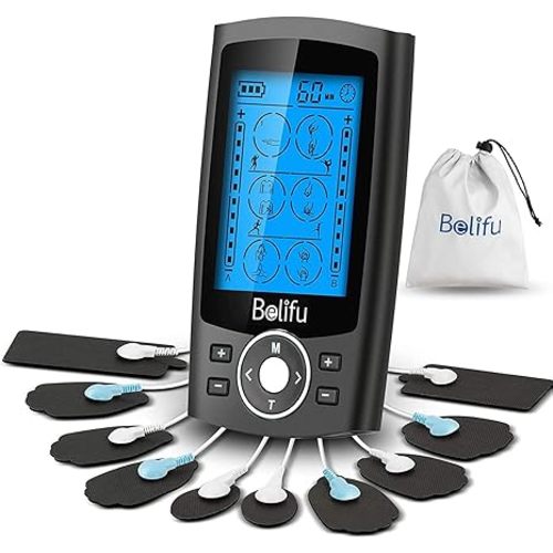 Belifu Dual Channel TENS EMS Unit 24 Modes Muscle Stimulator for Pain Relief Therapy, Electronic Pulse Massager Muscle Massager with 10 Pads, Dust-Proof Drawstring Storage Bag, Fastening Cable Ties