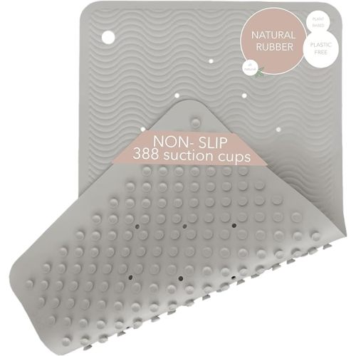 HEVEA Natural Rubber Wave Bath Mat – Long 28 × 16 in - Non-Slip Shower & Bathtub Mat with 388 Suction Cups, Plastic-Free & Biodegradable (Granite)