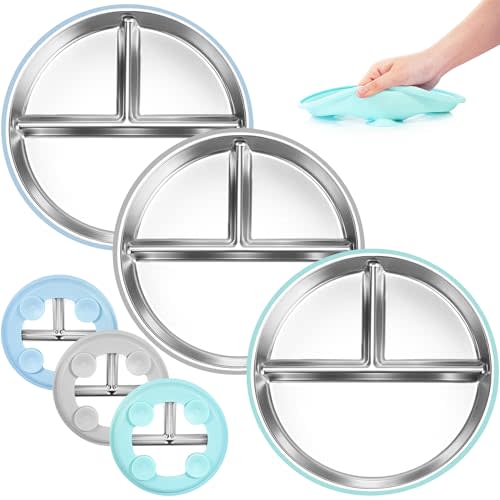 Stainless Steel Toddler Plates Silicone Suction,3 Packs Non-Slip Baby Plates,Divided Portion,Food-Grade Silicone Plate for Kids,LEAD-FREE Dishwasher Safe,Blue Mint Green Grey
