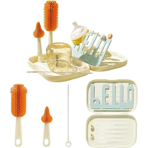 Phanpy Traveling Bottle Brush Set Portable Baby Bottle Cleaner Kit with Silicone Brush, Nipple Brush, Straw Brush, Drying Rack, Storage Box for Home and Travel