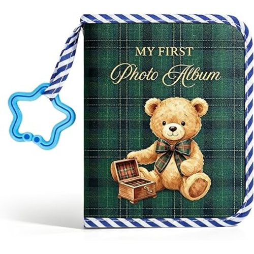 JarThenaAMCS My First Family Album for Baby Tartan Plaid Bear Photo Album Baby Shower Keepsake Picture Book for Newborn Infant Memory Storage, 7.1 x 5.5 Inch