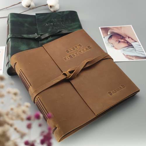 Baby memory book,  leather scrapbook photo album, baby shower gift, gift for couples, new parents gift, mothers day gift, baby's first year