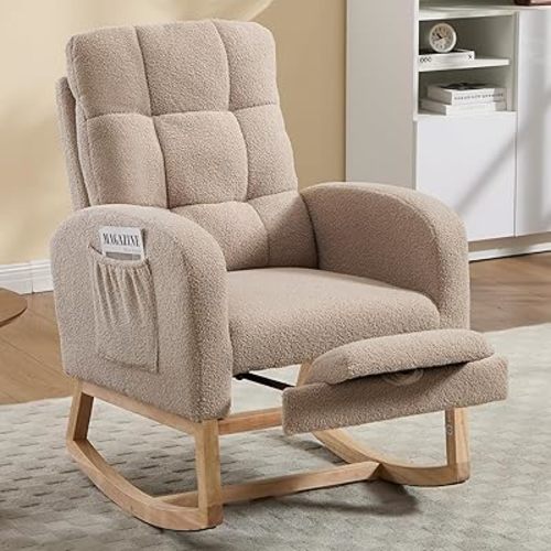 Nursery Rocking Chair, Teddy Boucle Upholstered Glider Rocker with Adjustable Footrest, High Back Rocker with Side Pockets, Comfy Accent Reading Chair for Living Room (Brown)