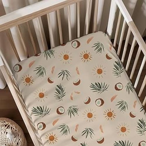 Summer Palm Coconut Sun Leaves Pattern Baby Sheets for Crib, Unisex Summer Theme Nursery Fitted Bed Sheet for Boys Girls Standard Crib and Toddler Mattress-28x52