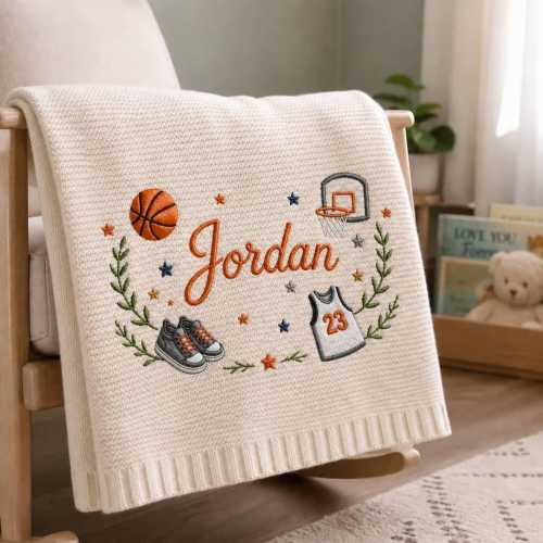 Personalized Embroidered Baby Blanket, Basketball Design with Custom Name and Number