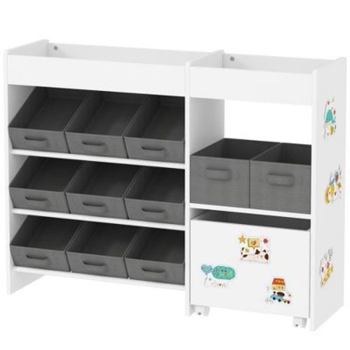 Qaba Toy Storage Organizer with 6 Shelves and 11 Fabric Bins, Moveable Cabinet and 3 Stickers, Toy Organizer for Nursery, Playroom, Bedroom, White