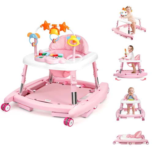 5 in 1 Anti-Rollover Foldable Baby Walker, 5 Height Adjustable Infant Activity Walker with Detachable Music Toy, Anti-Fall Safety Toddler Walking Learning Chair - Pink