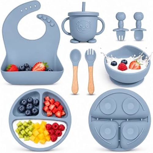 Silicone Baby Feeding Utensils Set for 6+ Month, 8 Pcs, Light Blue