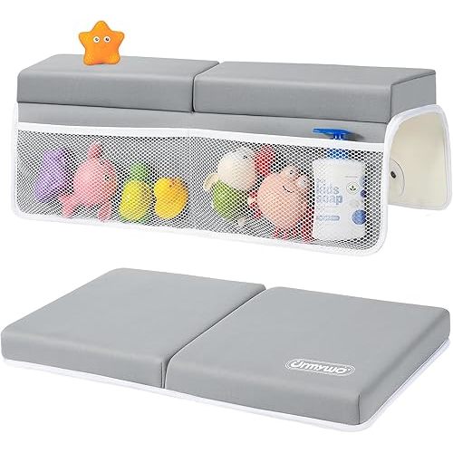 URMYWO Bath Kneeler and Elbow Rest Pad Set - 1.5" Thick Baby Bath Kneeler Pads with Toys Organizer, Anti-Slip Cozy Knee & Arm Support Bathtub Mat, Quick Dry Kneeling Pad for Baby Bath Time