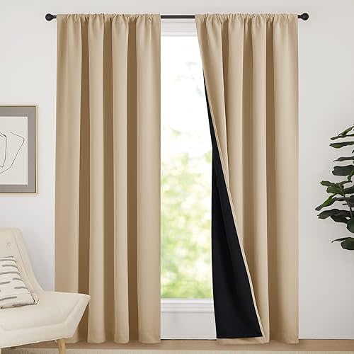 NICETOWN Living Room Completely Shaded Draperies, Privacy Protection & Noise Reducing Drapes, Black Lined Rod Pocket Window Treatment Curtain Panels(Biscotti Beige, 2 Pieces, W52 x L84)