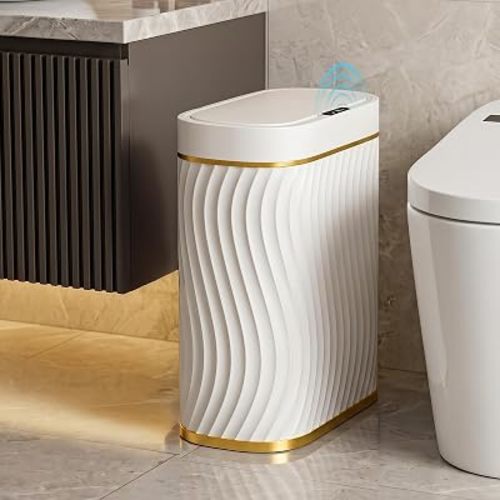 5 Gallon Automatic Bathroom Trash Can with Touchless Lid, White Gold