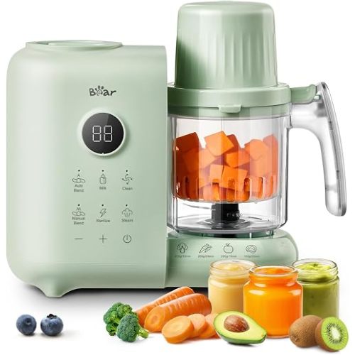 Bear Baby Food Maker with 18.5oz Dual-Layer Steam Baskets, OneStep Baby Food Processor Steamer Puree Blender Grinder Mills, Auto Cooking Grinding&Sterili-zing for Healthy Homemade Baby Food, BPA-Free