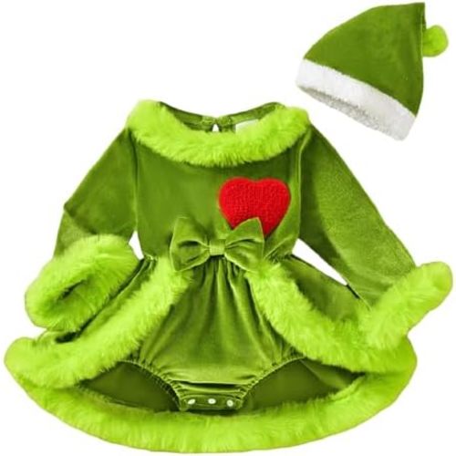 Baby Girl Christmas Outfit Green Monster Fuzzy Trim Velvet Long Sleeve Romper Dress and Hat 2 Piece Set