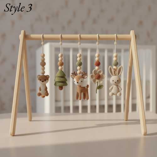 Handmade Custom Woodland Baby Gym | Personalized Wooden Play Gym with Crochet Forest Theme Toys | Neutral Nursery Decor