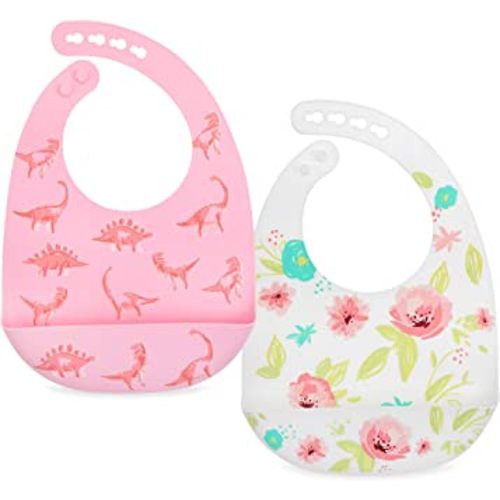 Nuby 2 Pack Adjustable Easy Clean Soft Silicone Bibs with Scoop, Pink Dinosaurs & Flowers