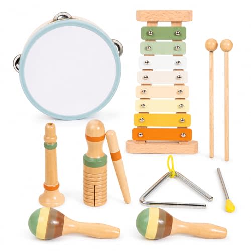 Wooden Musical Instruments for Toddlers 3+, 12-Piece Montessori Music Set | Xylophone, tambourine, maracas, guiro, whistle and triangle for tapping, shaking, scraping and blowing