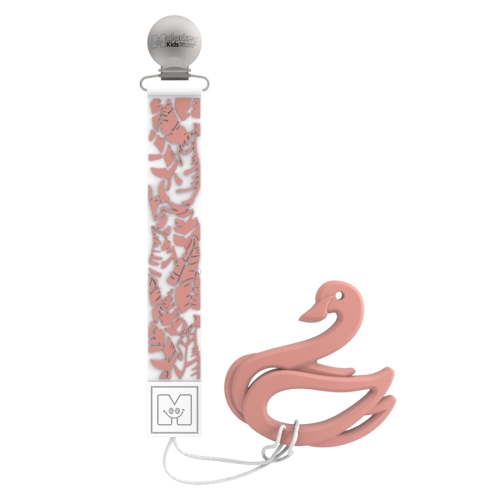 Malarkey Kids Textured Feather Swan Baby Teether with 2-in-1 Teether Tether Combo, Pink, 1 Count, 3M+