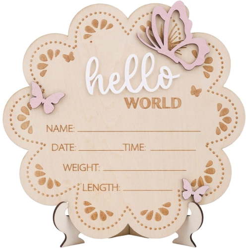 Wooden Baby Announcement Sign, 7x6.81in Butterfly Hello World Newborn Sign Baby Name Plaque Board Newborn Welcome Signs for Babies Shower Hospital Nursery Decor
