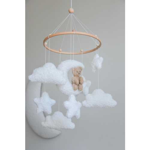 Teddy Bear Baby Mobile • Boucle Clouds and Stars Crib Mobile • Neutral Nursery Decor • Handmade Baby Shower Gift • Dreamy Moon Mobile