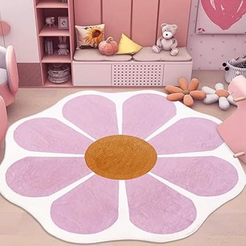 USTIDE Large Flower Rug Round 63 Inch,Pink Circle Rug for Bedroom Living Room Washable Floral Rug Soft Rug for Girls Room