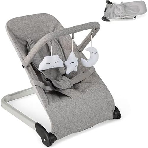 HONEY JOY Baby Bouncer, Portable Folding Infant Newborn Stationary Seat w/Vibrations, Removable Toy Bar, Safety Harness, Machine Washable Fabric, Bouncer Seat for Babies 0-6 Months up to 20 lbs (Gray)