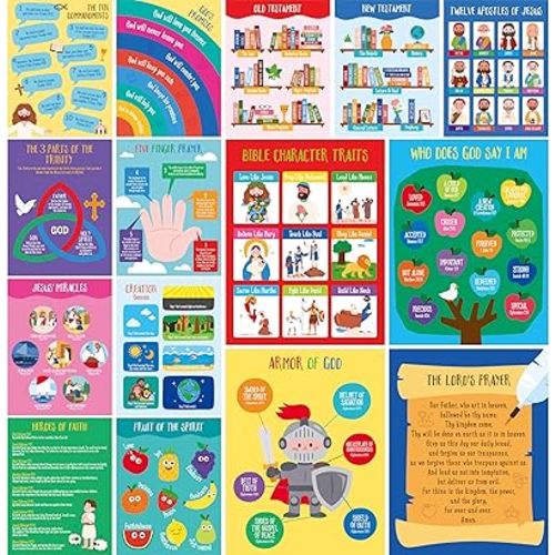 15 Bible Posters for kids, Thick Religious Poster Waterproof & Tear Proof with PET Film, Books of the Bible Poster Sunday School Christian Decoration for Classroom, Bulletin Board (14.5” x 11”)