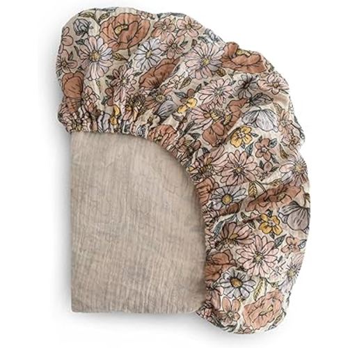 mushie Extra Soft Muslin Fitted Crib Sheet | 192 Thread Count | 28"x 52" (Retro Flowers)
