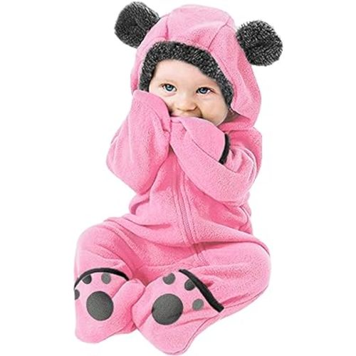 Newborn Baby Boy Girl Fleece Footed Jumpsuit Bear Ears Hooded Romper Zip up Outerwear Coat Infant (Pink, 12-18 Months)