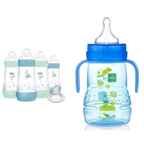 9 oz MAM Anti-Colic Baby Bottles, 4 Pack with Bonus Nipple and MAM Trainer Cup with Extra-Soft Spout for Boys 4+ Months