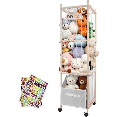 HMAZAE Stuffed Animal Storage, 56" Extra Large Plush Toy Organizer with Wheels, Wooden Stuffed Animal Holder with Removable Bin, Zoo Plushies Storage for Bedroom/Playroom/Living Room