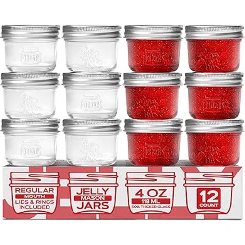 FORJARS® Premium Mason Jars with Lids – 4oz | Regular Mouth Canning Jars | 12-Pack Glass Jars for Jam, Jelly, Honey, Spices, Desserts, Sauces, Food Storage, Freezer Safe, Airtight Bulk Set