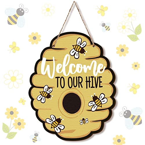 Pinkunn Bee Sign Decoration Welcome to Our Hive Bee | Wooden, Classroom Wall Decor, Honey Bees Hanging Welcome Sign, Home Farmhouse Wall Pediment Front Door Porch Garden Shop