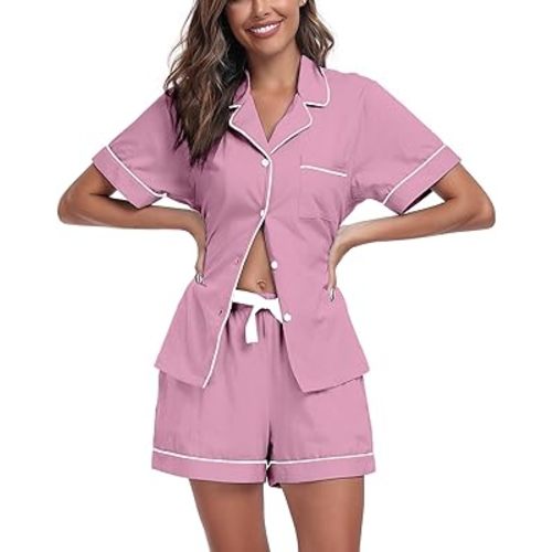 COLORFULLEAF Womens 100% Cotton Pajamas Set Short Sleeve Sleepwear Button Down Pjs Soft 2 Piece Lounge Set with Pockets S-XXL