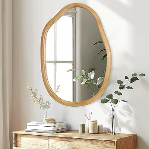 Gluck Plants Irregular Wall Mirror,Wood 22X30 Large Asymmetrical Modern Vanity Bathroom Farmhouse Abstract Walnut Nature Mirror for Bedroom Living Room Entryway