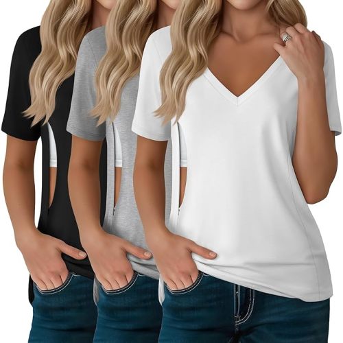 3 Pack Women's Nursing Tops, Hidden Zipper Nursing Shirts for Breastfeeding & Pumping V Neck Short Sleeve