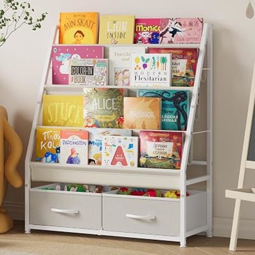 Aokitsink 4-Tier Kids Book Shelf with Two Darwers,Kids Bookshelf and Toy Storage,Book Shelf for Kids Rooms,Montessori Bookshelf Organizer for Kids' Rooms,Toddler Bookshelf as a Children's Gift