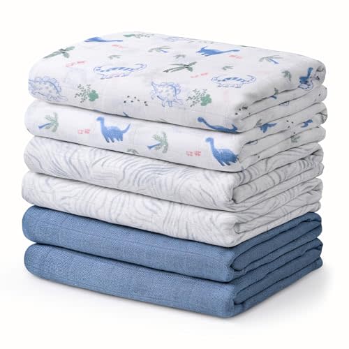 GLLQUEN BABY Receiving Blanket Boy Cotton Muslin Swaddle Blankets Girl Newborn Squares Breathable & Soft Thin Baby Blankets Cloths Double Absorbent Infant Swaddling Wrap - 6 Pack (Dinosaur)