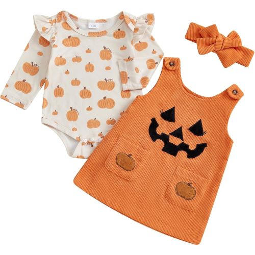 Adobabirl My First Halloween Baby Girl Outfit Pumpkin Ruffle Long Sleeve Romper Overall Dress Headband Cute Fall Clothes