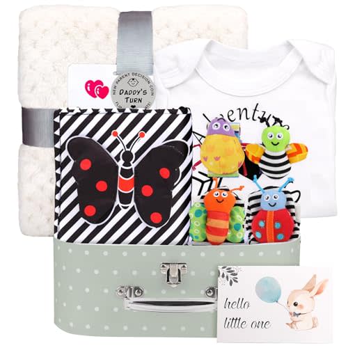Baby Shower Gifts Basket for Newborn Baby Boy Girl Gender Reveal with Newborn Essentials Baby Rattles Blanket Onesie Black and White High Contrast Baby Book Toys 0-6 Months Baby Girls Boys Shower Gift